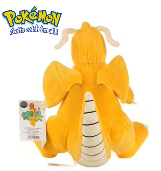 Plush toy of a dragon-like creature with a Pokémon logo on a white background Official Pokémon Dragonite Premium Cotton Plush by Titantoons – 10-Inch