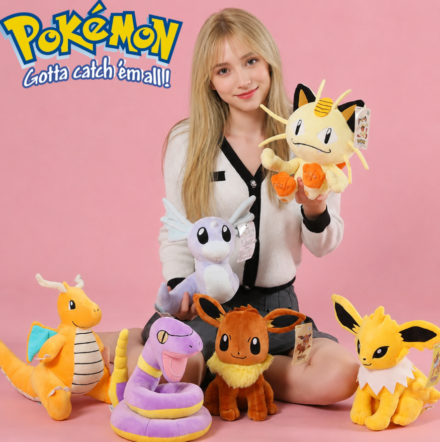 Person holding a plush toy with 'Pokémon' branding and text on a pink background Official Pokémon Eevee Premium Cotton Plush by Titantoons – 10.5-Inch