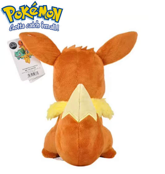 Plush toy of a fox-like creature with a Pokémon logo on a white background Official Pokémon Eevee Premium Cotton Plush by Titantoons – 10.5-Inch