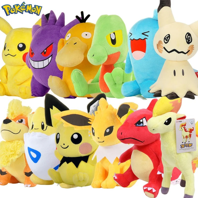 Collection of colorful plush toys resembling various Pokémon characters on a white background. Official Pokémon Gengar Premium Cotton Plush by Titantoons – 9.5-Inch