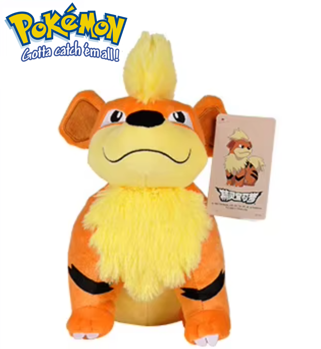 Plush toy of a fox-like creature with a tag, featuring the Pokémon logo. Official Pokémon Growlithe Premium Cotton Plush by Titantoons – 10-Inch