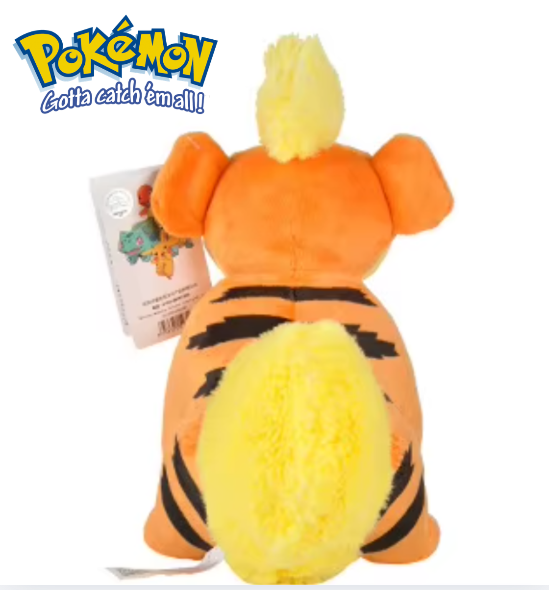 Plush toy resembling a character from Pokémon with a visible tag on a white background Official Pokémon Growlithe Premium Cotton Plush by Titantoons – 10-Inch