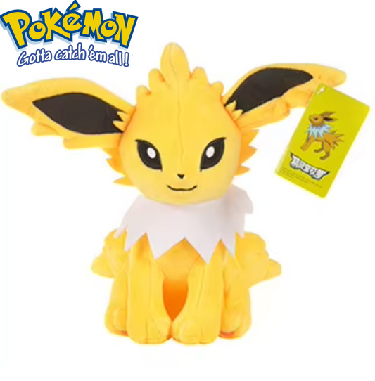 Plush toy of a yellow and black creature with a Pokémon logo on a white background Official Pokémon Jolteon Premium Cotton Plush by Titantoons – 11-Inch
