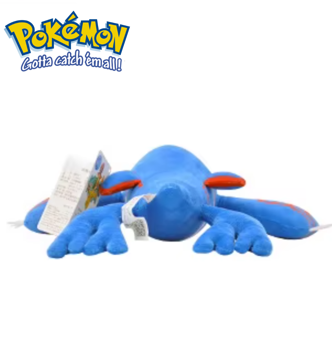 Blue plush toy with red accents, featuring a Pokémon logo on a white background Official Pokémon Kyogre Premium Cotton Plush by Titantoons – 12.5-Inch