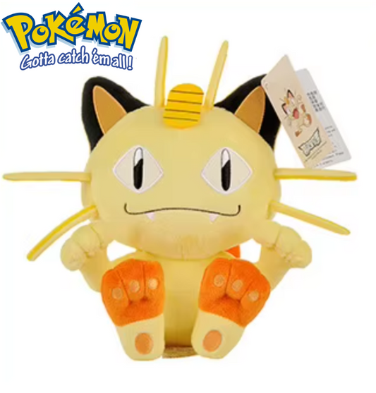 Plush toy of a yellow and black creature with a tag, featuring the Pokémon logo. Official Pokémon Meowth Premium Cotton Plush by Titantoons – 10-Inch