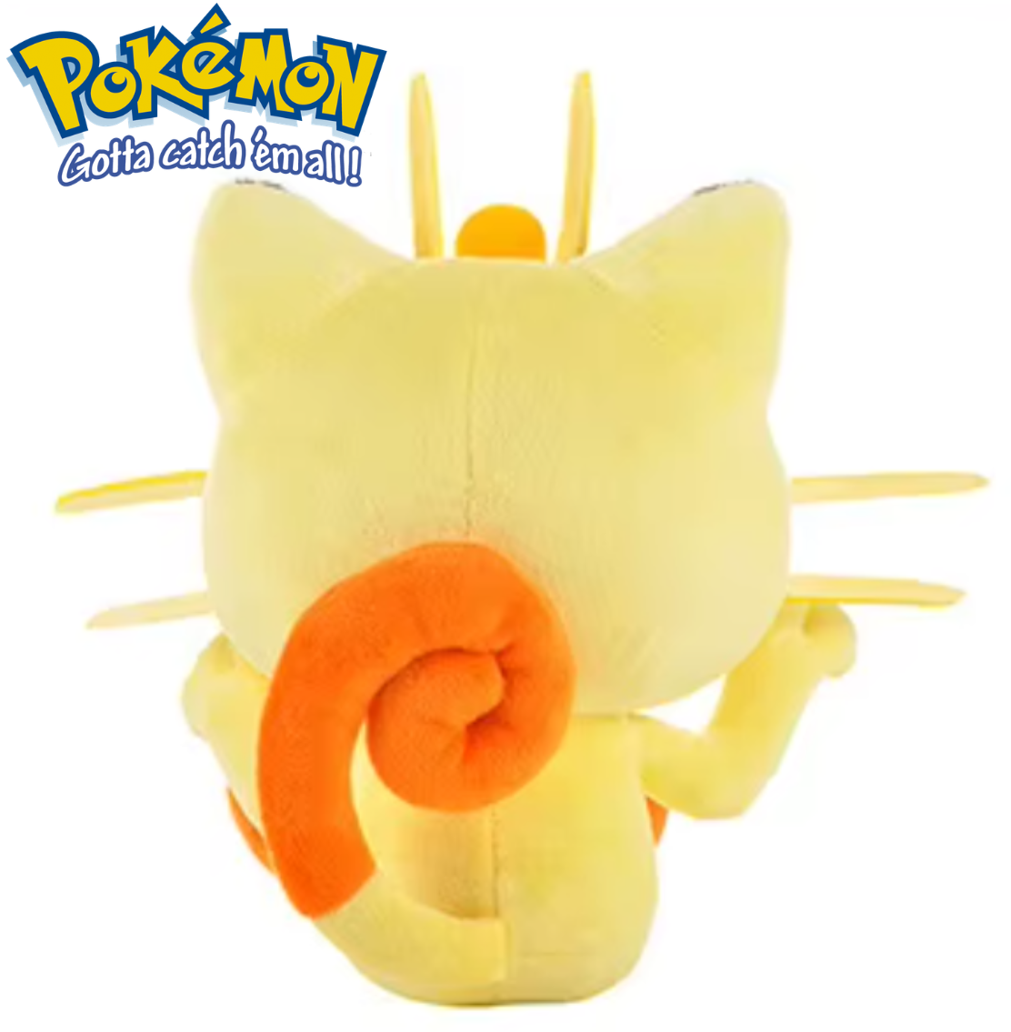 Yellow plush toy with orange center, featuring the Pokémon logo. Official Pokémon Meowth Premium Cotton Plush by Titantoons – 10-Inch
