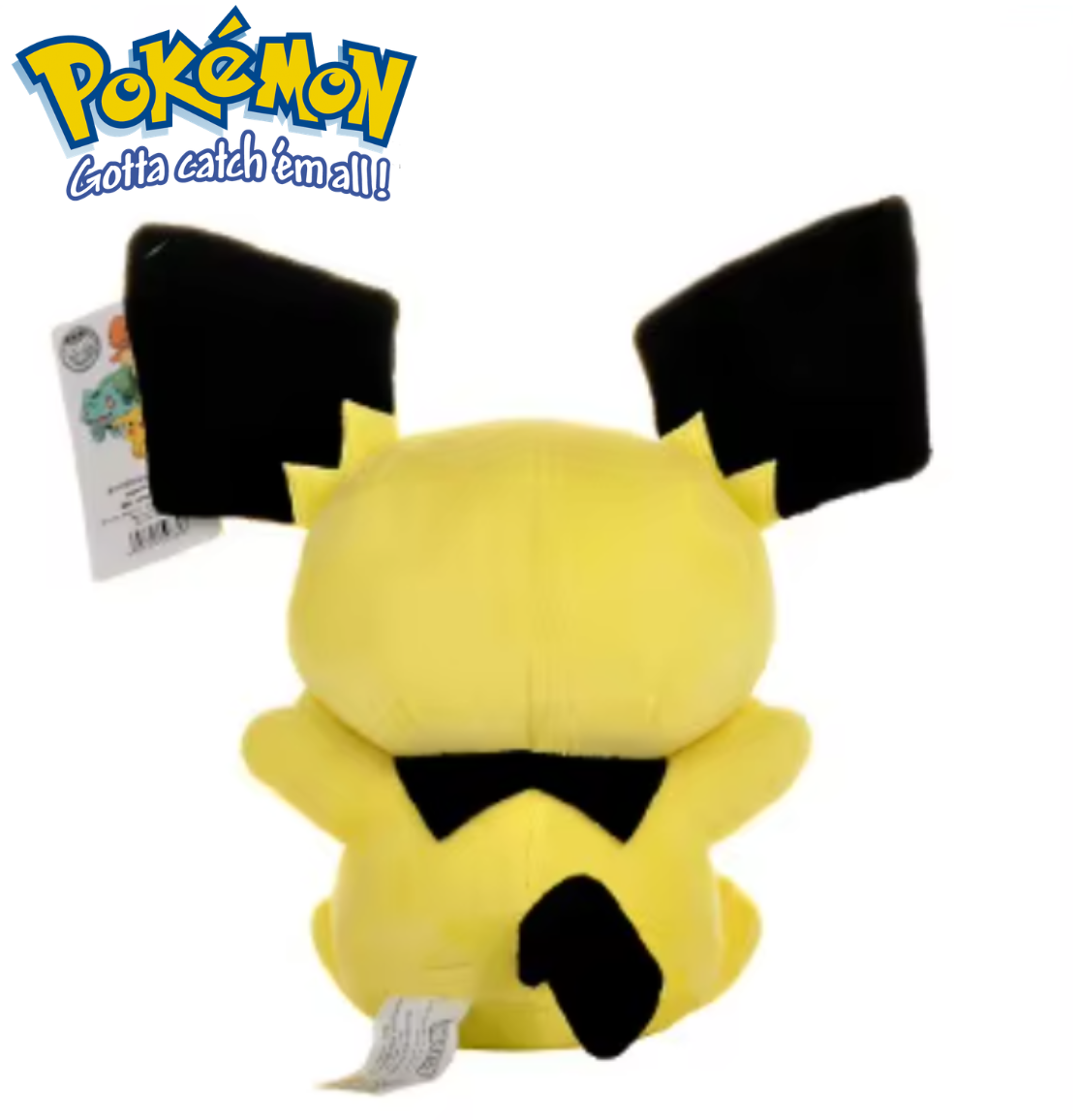 Plush toy of a yellow creature with black ears and tail, featuring the Pokémon logo. Official Pokémon Pichu Premium Cotton Plush by Titantoons – 10-Inch