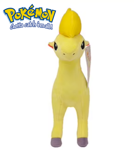 Yellow plush toy with a Pokémon logo on a white background Official Pokémon Ponyta Premium Cotton Plush by Titantoons – 11-Inch