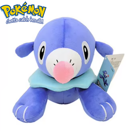 Blue plush toy with a pink nose, featuring the Pokémon logo on a white background. Official Pokémon Popplio Premium Cotton Plush by Titantoons – 10-Inch