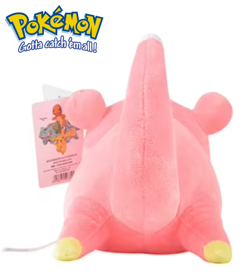 Pink plush toy with a small package featuring a character, branded with 'Pokémon'. Official Pokémon Slowpoke Premium Cotton Plush by Titantoons – 12.5-Inch