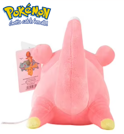 Pink plush toy with a small package featuring a character, branded with 'Pokémon'. Official Pokémon Slowpoke Premium Cotton Plush by Titantoons – 12.5-Inch