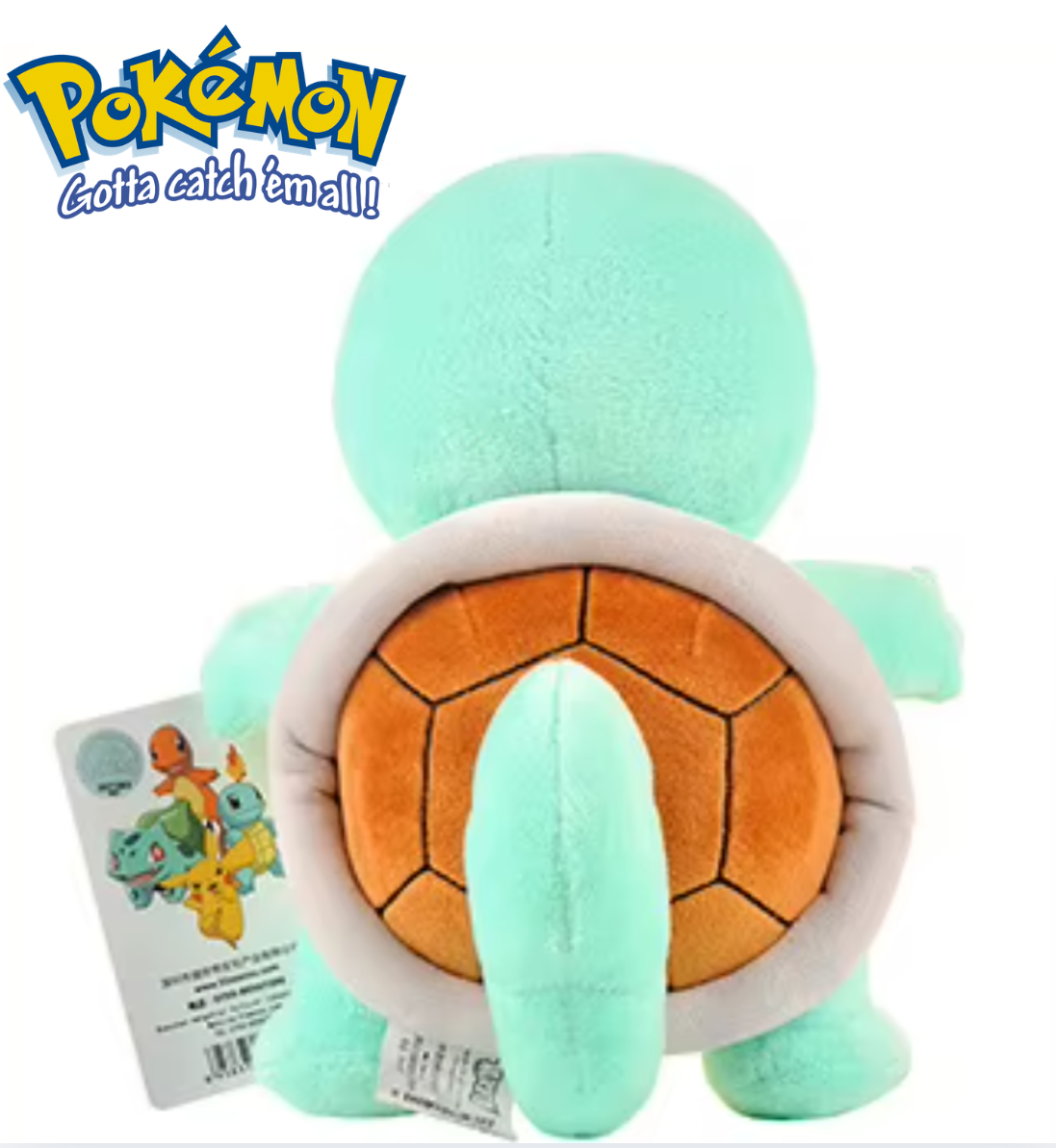 Plush toy of a turtle-like character from Pokémon with a Pokémon logo above it. Official Pokémon Squirtle Premium Cotton Plush by Titantoons – 8-Inch