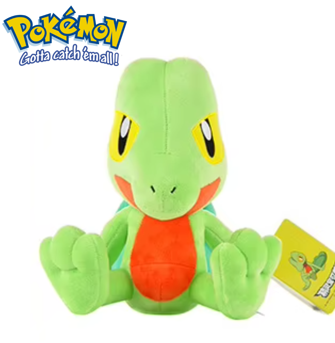 Green plush toy with red belly, resembling a dragon, on a white background with 'Pokémon' logo. Official Pokémon Treecko Premium Cotton Plush by Titantoons – 9.5-Inch