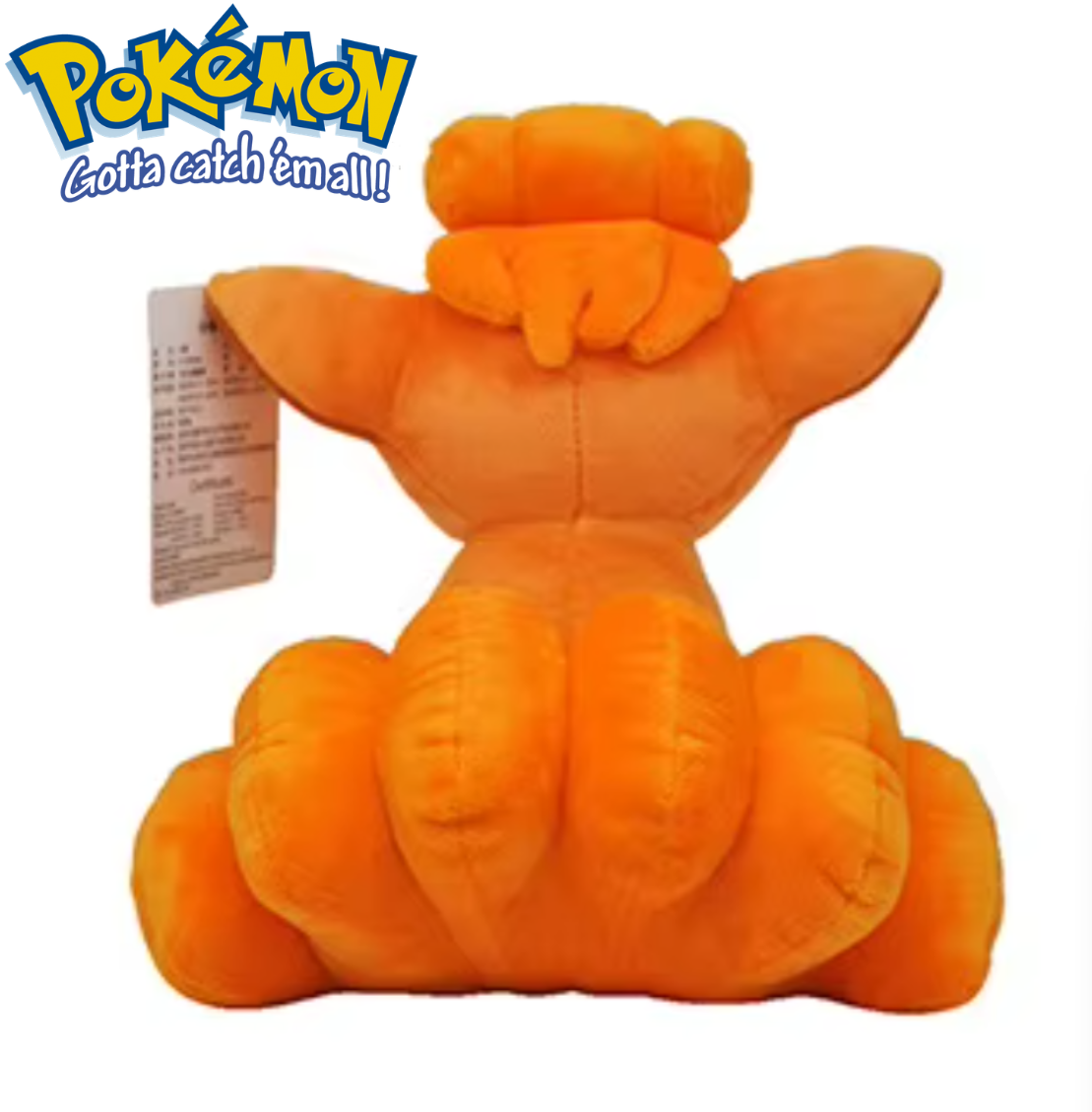 Orange plush toy with a tag on a white background, featuring the Pokémon logo. Official Pokémon Vulpix Premium Cotton Plush by Titantoons – 9.5-Inch