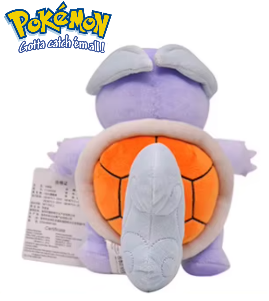 Plush toy of a purple creature with an orange shell, featuring the Pokémon logo. Official Pokémon Wartortle Premium Cotton Plush by Titantoons – 8.5-Inch