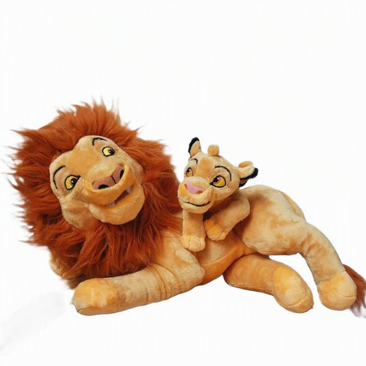 A plush toy set featuring a large lion cub with a fluffy orange-brown mane lying down next to a smaller lion cub, both with tan bodies and yellow eyes, on a plain white background. Official The Lion King Mufasa & Little Simba Premium Cotton Plush by Titantoons