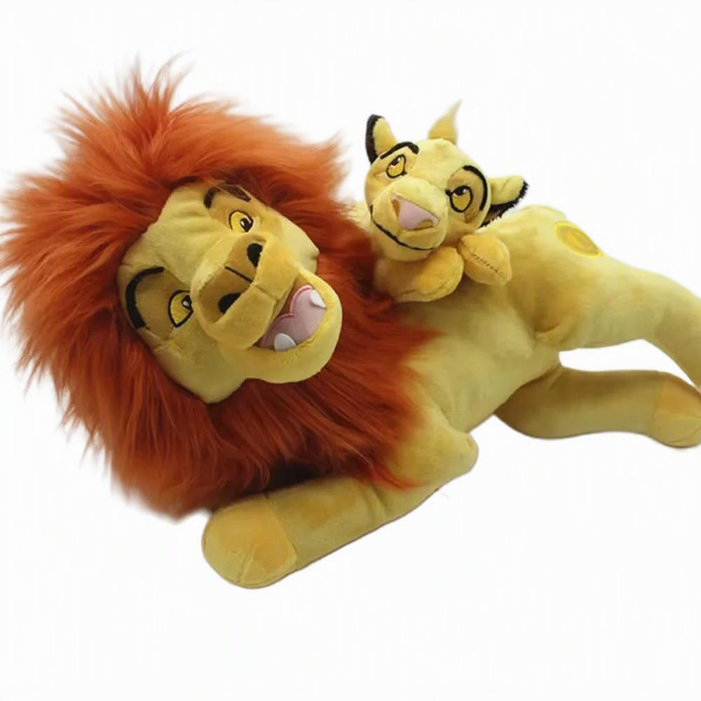 A plush toy set featuring a large lion cub with a fluffy orange-brown mane and a smaller yellow lion cub resting on its back, set against a plain white background. Official The Lion King Mufasa & Little Simba Premium Cotton Plush by Titantoons