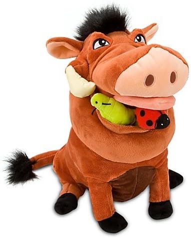 A plush toy of Pumbaa from The Lion King, sitting and holding a green caterpillar and a ladybug in its mouth, on a solid white background. Official The Lion King Pumbaa Premium Cotton Plush by Titantoons