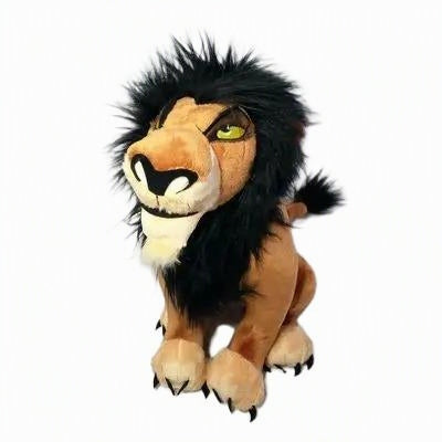 A plush lion toy with a tan body, cream muzzle and paws, and a large black mane, shown against a plain white background. Official The Lion King Scar Premium Cotton Plush by Titantoons