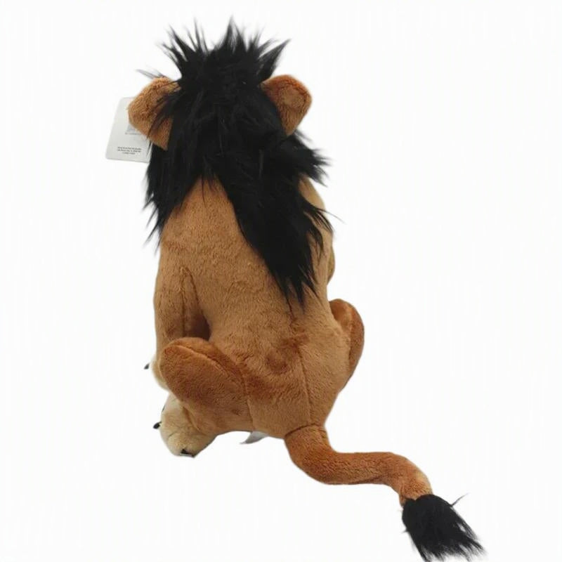 A plush lion toy shown from the back, featuring a tan body, black mane, and black-tipped tail, photographed on a plain white background. Official The Lion King Scar Premium Cotton Plush by Titantoons back