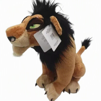A plush lion toy with a tan body, black mane, green eyes, and a white product tag attached, photographed on a plain white background. Official The Lion King Scar Premium Cotton Plush by Titantoons face side