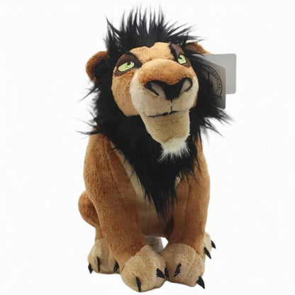A plush lion toy with tan fur, a black mane, green eyes, and black claws, shown against a plain white background with a product tag attached. Official The Lion King Scar Premium Cotton Plush by Titantoons