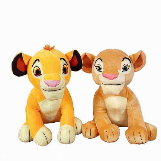 Two plush lion cub toys, resembling Simba and Nala from The Lion King, sitting side by side against a plain white background. Official The Lion King Simba & Nala Premium Cotton Plush Collection by Titantoons