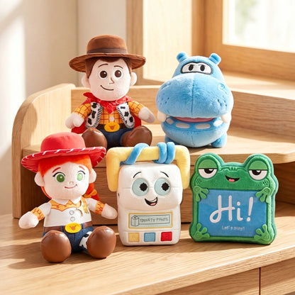 Five Toony Puffs character plush toys and a matching pouch arranged on wooden steps in a bright indoor setting. The characters include Woody, Jessie, Buzz Lightyear, a blue hippo, and a green frog with a sign that says 'Hi! Let's be friends. Official Toy Story & Playroom Friends Premium Cotton Plush Collection by Titantoons