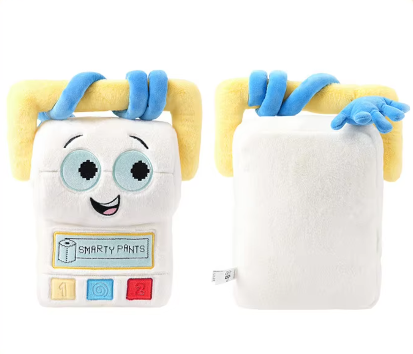 A plush toy shaped like a white rectangular character with blue hair, yellow hair, and a smiling face, shown from the front and back on a plain white background. Official Toy Story & Playroom Friends Premium Cotton Plush Collection by Titantoons