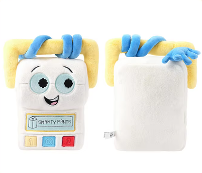 A plush toy shaped like a white rectangular character with blue hair, yellow hair, and a smiling face, shown from the front and back on a plain white background. Official Toy Story & Playroom Friends Premium Cotton Plush Collection by Titantoons