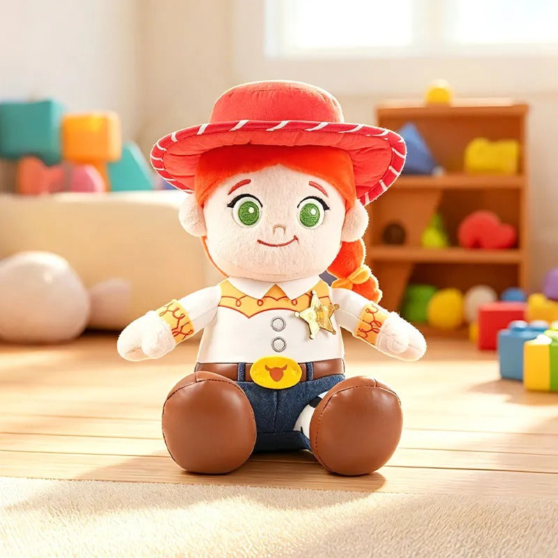 Jessie the cowboy doll from Toy Story sitting on a wooden floor in a brightly lit children's room with colorful toys and shelves in the background. Official Toy Story & Playroom Friends Premium Cotton Plush Collection by Titantoons