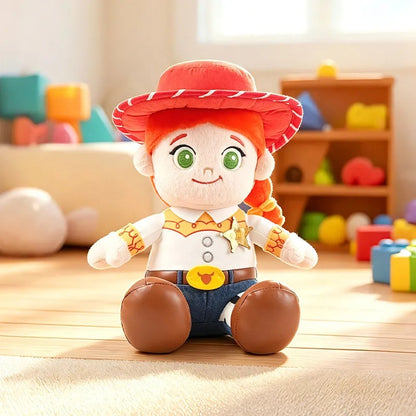 Jessie the cowboy doll from Toy Story sitting on a wooden floor in a brightly lit children's room with colorful toys and shelves in the background. Official Toy Story & Playroom Friends Premium Cotton Plush Collection by Titantoons