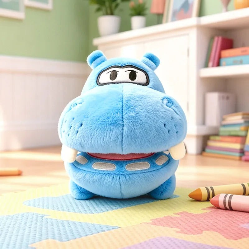 A blue hippo plush toy sitting on a colorful play mat in a child's room, with books on shelves in the background. Official Toy Story & Playroom Friends Premium Cotton Plush Collection by Titantoons