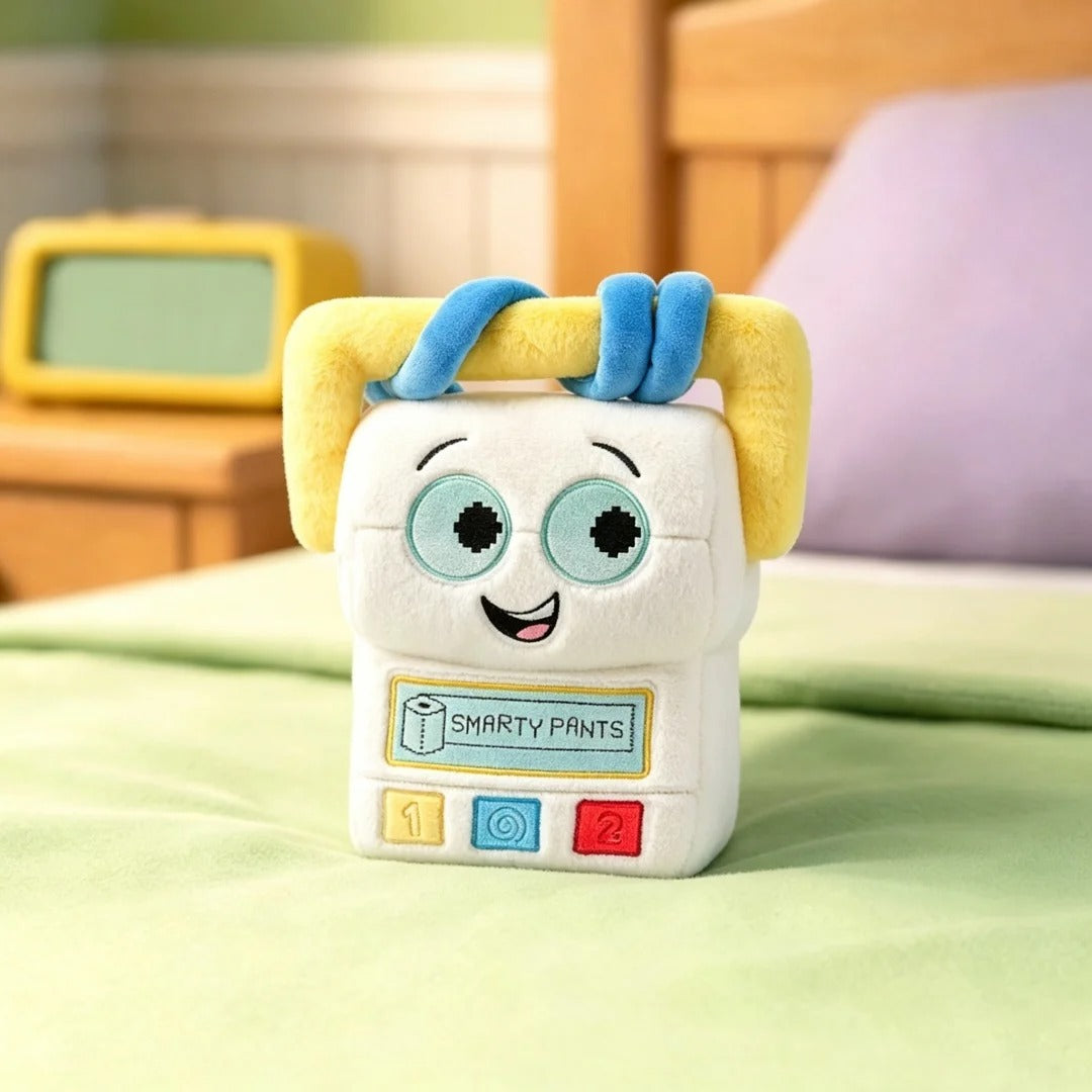 A plush toy character named Smarty Pants, designed to look like a white cash register with yellow hair, blue ear loops, and colorful buttons, set on a light green blanket in a cozy bedroom setting. Official Toy Story & Playroom Friends Premium Cotton Plush Collection by Titantoons
