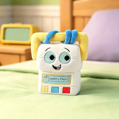 A plush toy character named Smarty Pants, designed to look like a white cash register with yellow hair, blue ear loops, and colorful buttons, set on a light green blanket in a cozy bedroom setting. Official Toy Story & Playroom Friends Premium Cotton Plush Collection by Titantoons