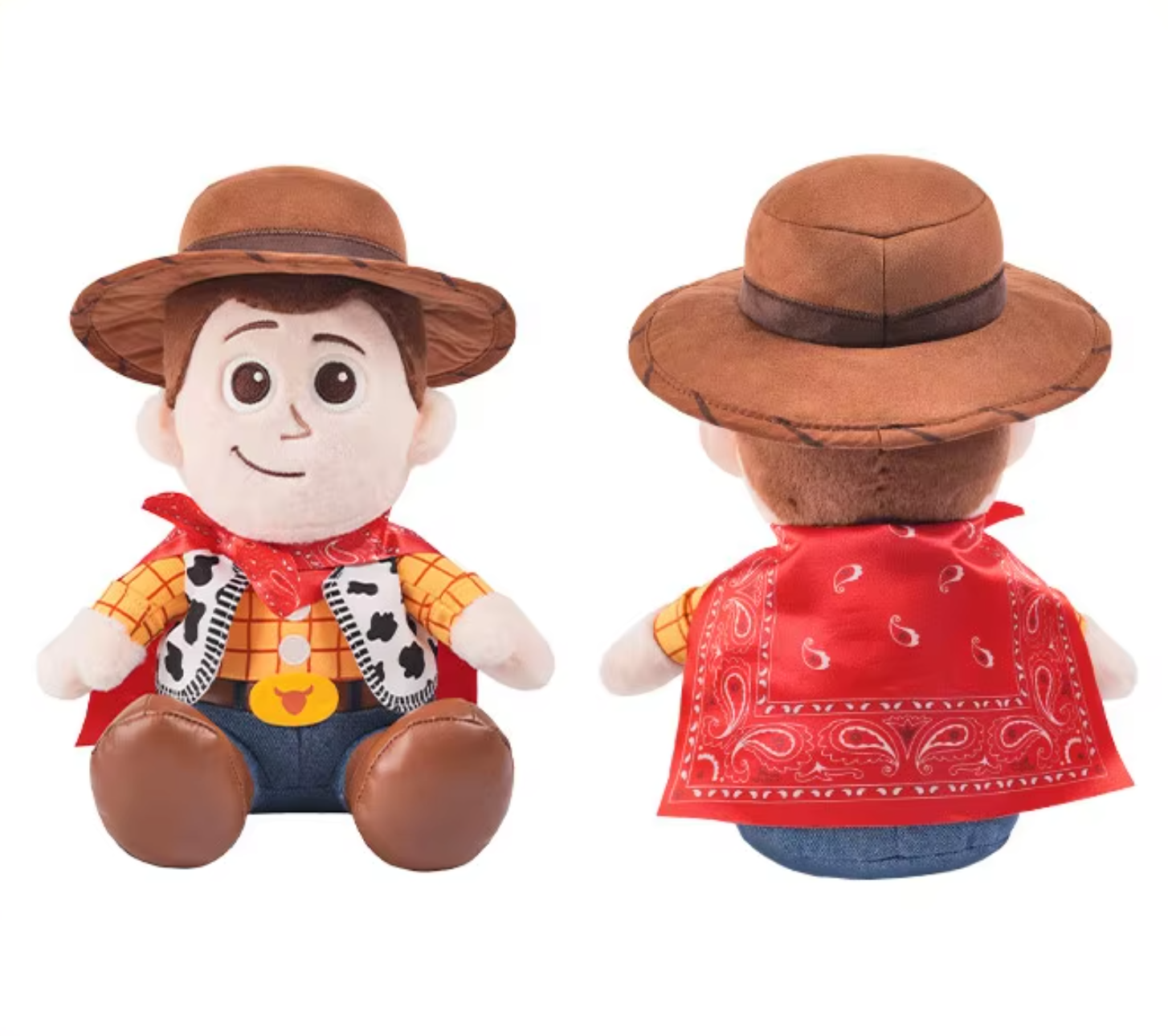 A plush Woody doll shown from the front and back, wearing a brown cowboy hat, red bandana, yellow plaid shirt, and blue jeans on a plain white background. Official Toy Story & Playroom Friends Premium Cotton Plush Collection by Titantoons