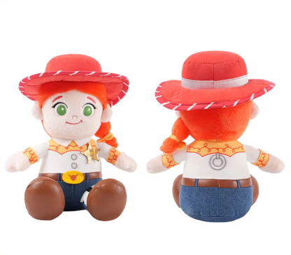 A plush toy doll shown from the front and back, styled like a cowboy with orange hair, a red hat, a white shirt, blue pants, and brown boots on a plain white background. Official Toy Story & Playroom Friends Premium Cotton Plush Collection by Titantoons