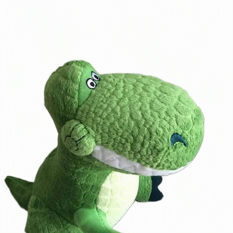A green plush dinosaur toy with a textured fabric body, white underbelly, and embroidered eyes, shown against a plain white background. Official Toy Story Rex Premium Cotton Plush by Titantoons