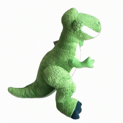 A green plush dinosaur toy with a textured, scaly surface, white teeth, and dark blue feet, shown against a plain white background. Official Toy Story Rex Premium Cotton Plush by Titantoons