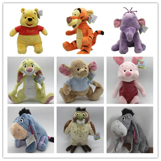 Collage of Winnie the Pooh and friends plush toys on a white background. Official Winnie the Pooh & Friends Premium Cotton Plush Collection by Titantoons – Individual Storybook Characters or Complete 9-Piece Heirloom Nursery Set