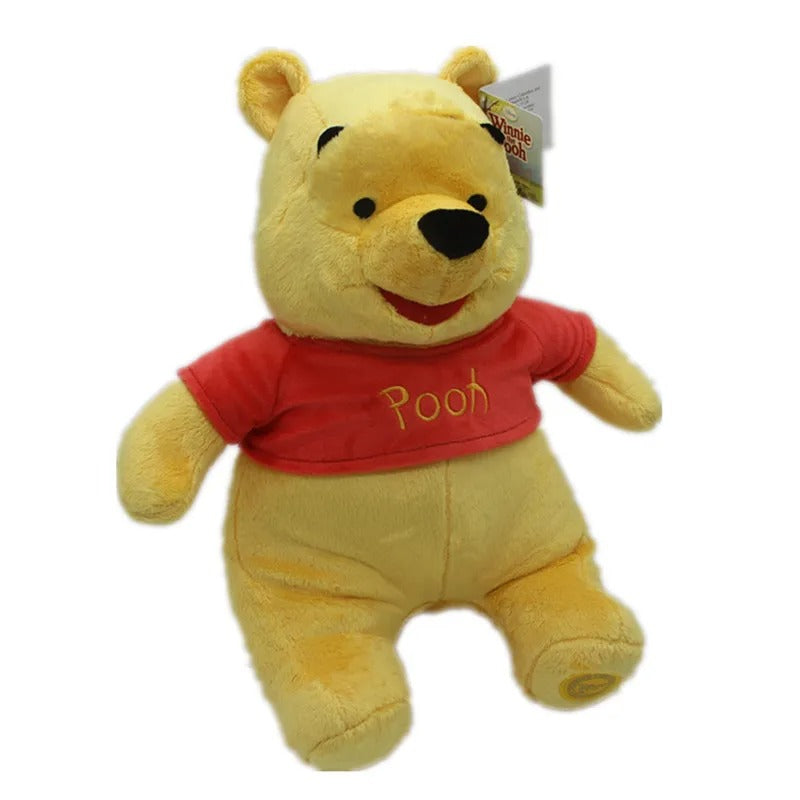 Plush toy bear wearing a red shirt with 'Pooh' on it, on a white background. Official Winnie the Pooh & Friends Premium Cotton Plush Collection by Titantoons – Individual Storybook Characters or Complete 9-Piece Heirloom Nursery Set