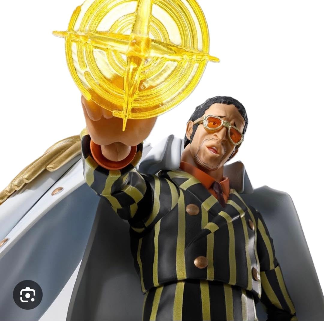 Figure with a yellow glowing object on a white background One Piece: Borsalino Kizaru (Future Island Egghead Ver.) Authentic S.H. Figuarts Fully Articulated Action Figure by Bandai Spirits