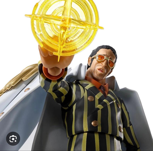 Figure with a yellow glowing object on a white background One Piece: Borsalino Kizaru (Future Island Egghead Ver.) Authentic S.H. Figuarts Fully Articulated Action Figure by Bandai Spirits