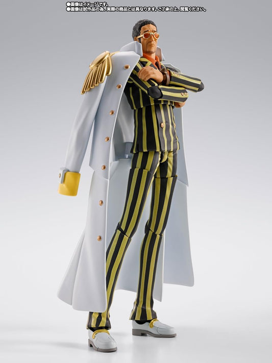 Action figure in a detailed outfit with a white coat and striped pants on a gray background One Piece: Borsalino Kizaru (Future Island Egghead Ver.) Authentic S.H. Figuarts Fully Articulated Action Figure by Bandai Spirits