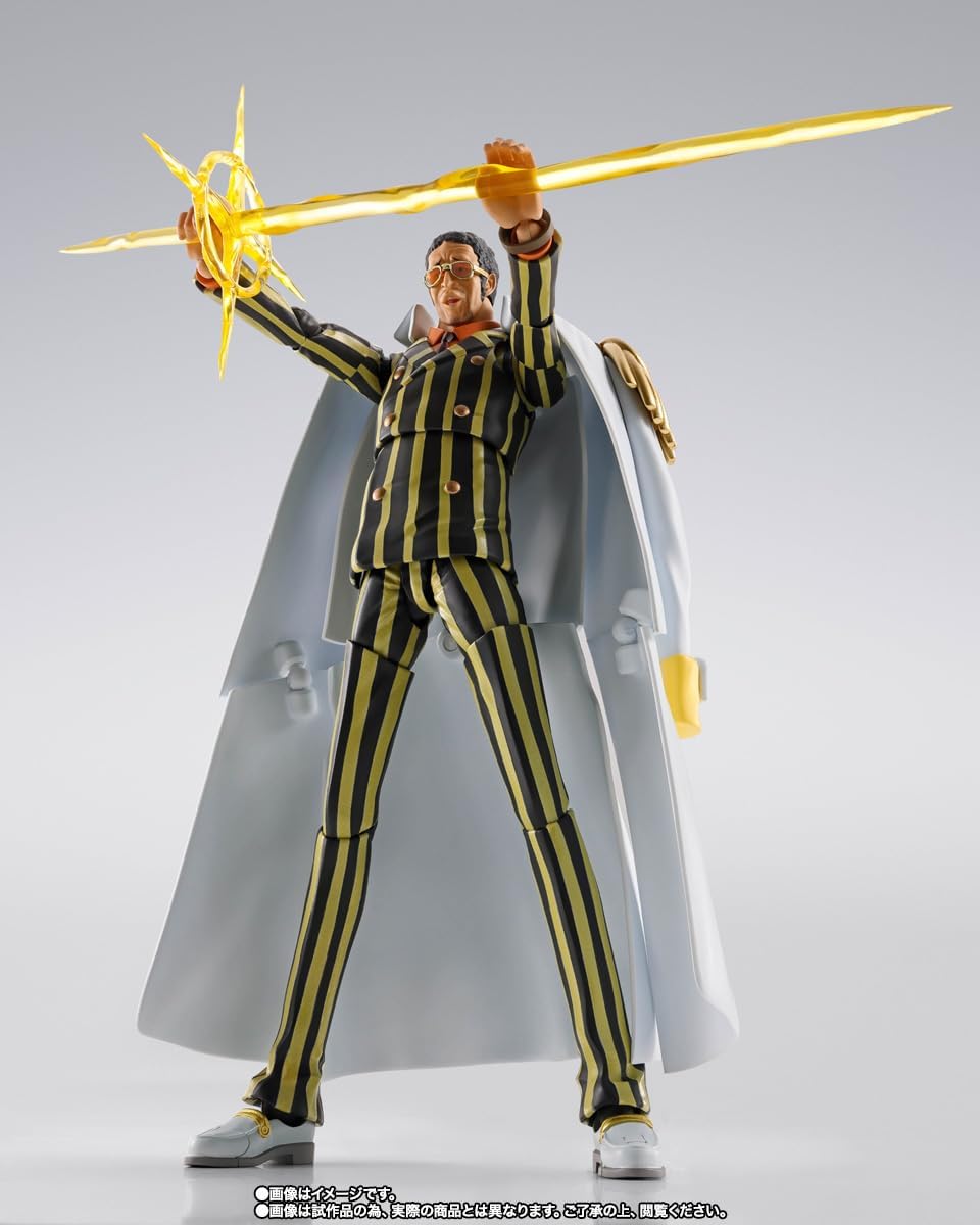 Action figure in a striped suit with a glowing weapon on a white background One Piece: Borsalino Kizaru (Future Island Egghead Ver.) Authentic S.H. Figuarts Fully Articulated Action Figure by Bandai Spirits
