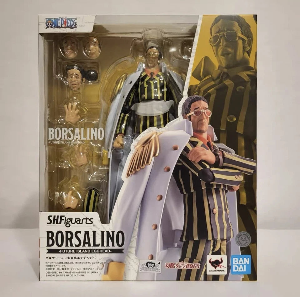 SHFiguarts Borsalino action figure packaging with character illustration on a white background One Piece: Borsalino Kizaru (Future Island Egghead Ver.) Authentic S.H. Figuarts Fully Articulated Action Figure by Bandai Spirits