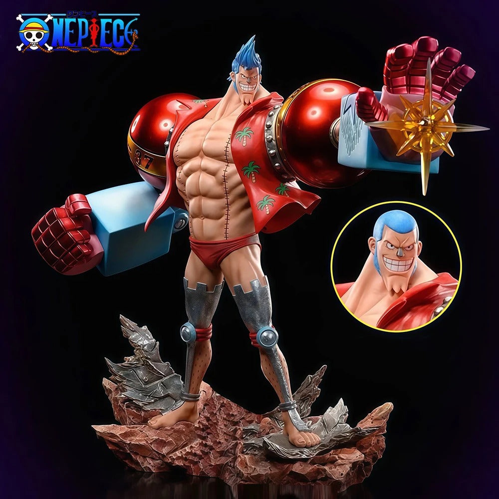 Statue of a muscular character with red outfit and blue hair, featuring One Piece logo. One Piece: "Cyborg" Franky New World Deluxe 11.22-Inch Premium PVC Exhibition Scale Statue (Radical Beam & Dual Hair Option Edition)