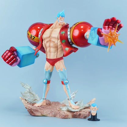 Action figure with a large red weapon on a blue background One Piece: "Cyborg" Franky New World Deluxe 11.22-Inch Premium PVC Exhibition Scale Statue (Radical Beam & Dual Hair Option Edition)
