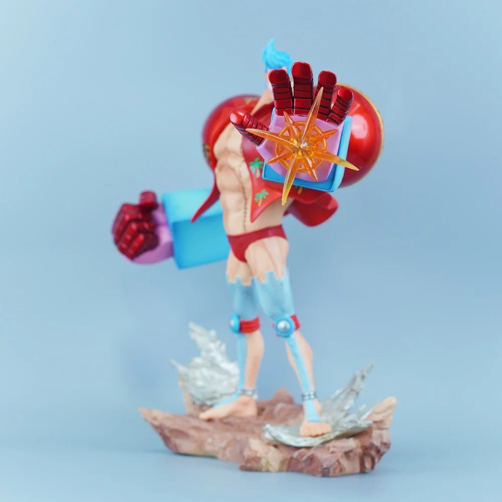 Action figure with a red helmet and blue outfit on a light blue background One Piece: "Cyborg" Franky New World Deluxe 11.22-Inch Premium PVC Exhibition Scale Statue (Radical Beam & Dual Hair Option Edition)