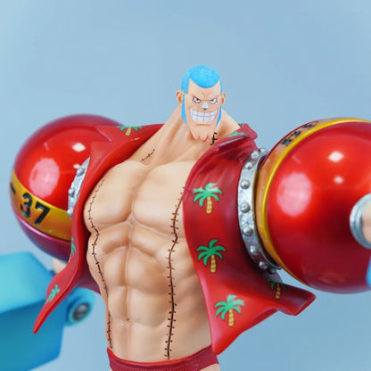 Action figure with red.shell and blue hair on a light blue background One Piece: "Cyborg" Franky New World Deluxe 11.22-Inch Premium PVC Exhibition Scale Statue (Radical Beam & Dual Hair Option Edition)